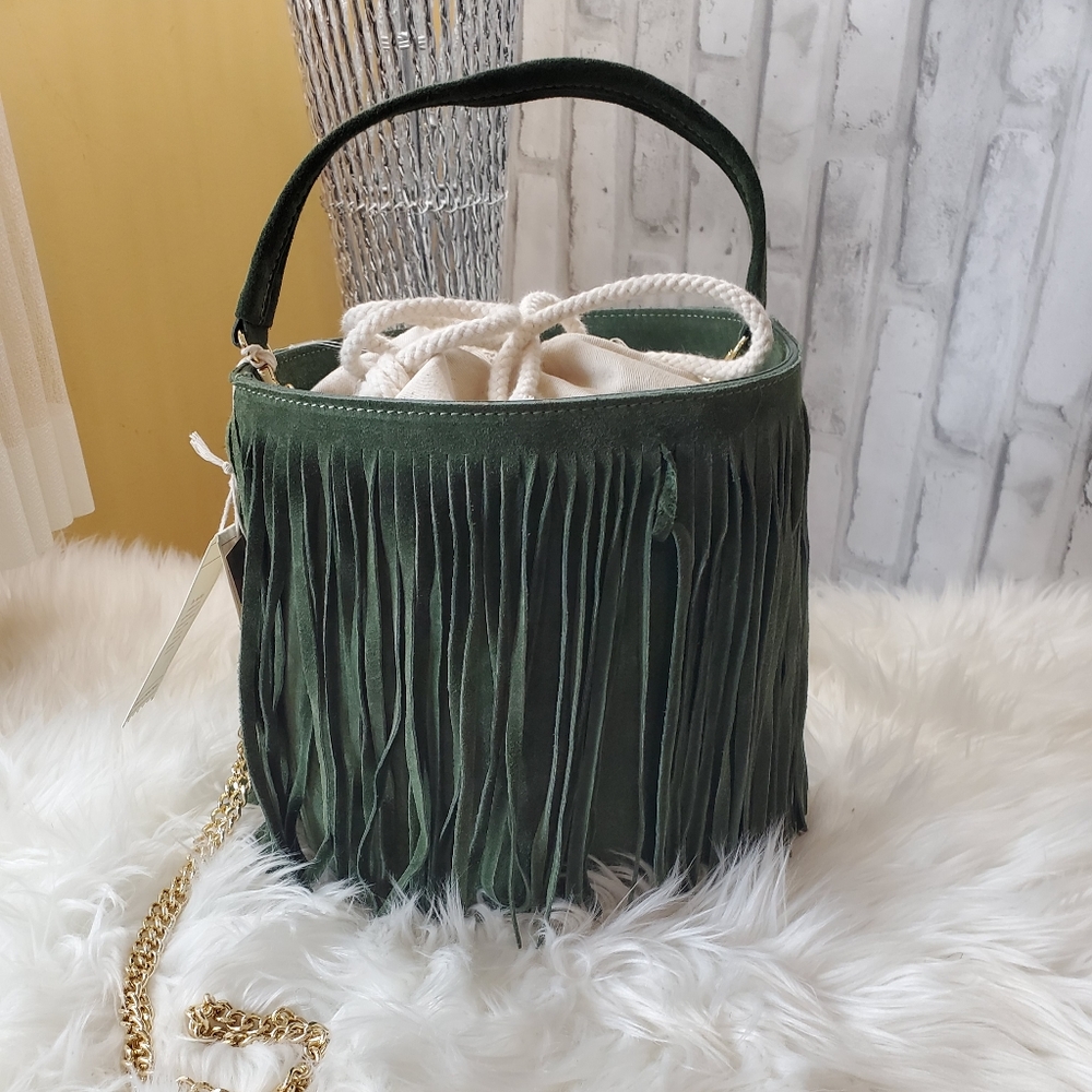 Anna Paola Green Fringe Shoulder Bag (real Italian suede, new with tags)